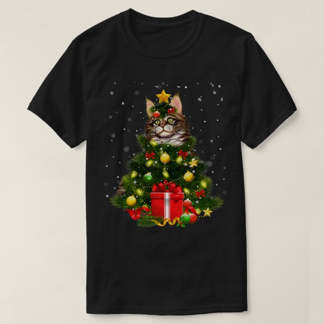 Cat Maine Coon Cat Xmas Tree Lights Cat Lover Ugly T-Shirt (Design Front)