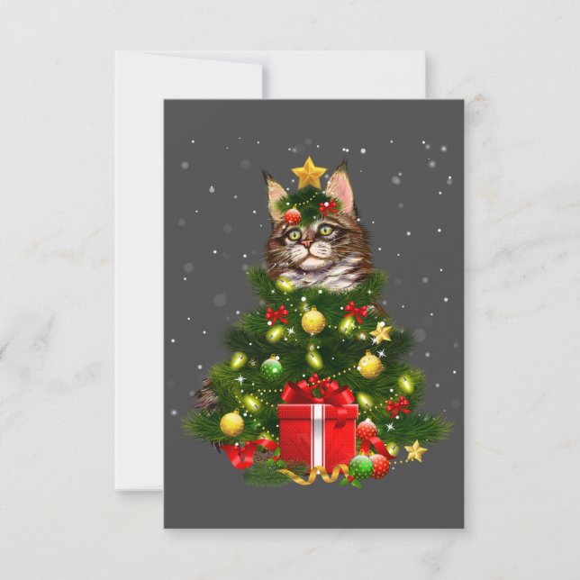 Cat Maine Coon Cat Xmas Tree Lights Cat Lover Ugly Thank You Card (Front)
