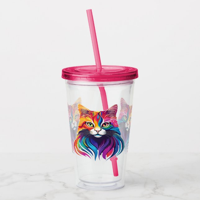 Cat Maine Coon Portrait Rainbow Colours  Acrylic Tumbler (Left)