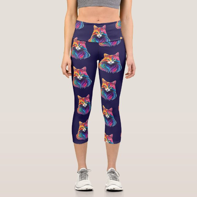 Cat Maine Coon Portrait Rainbow Colours  Capri Leggings (Front)