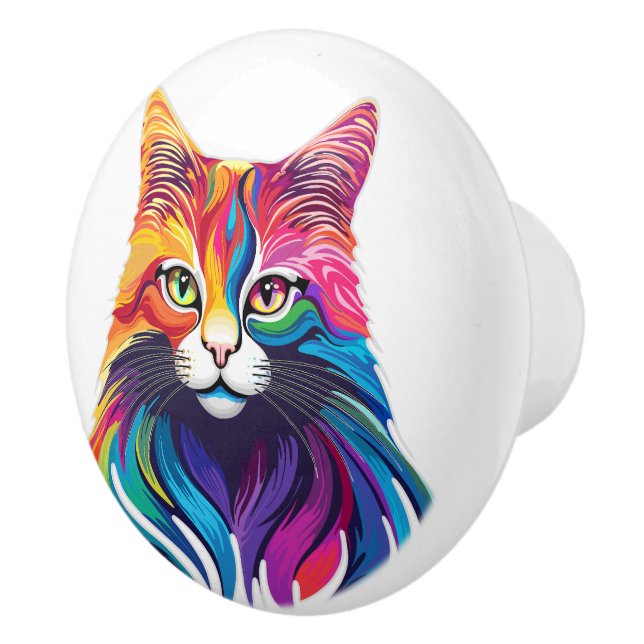 Cat Maine Coon Portrait Rainbow Colours  Ceramic Knob (Right)
