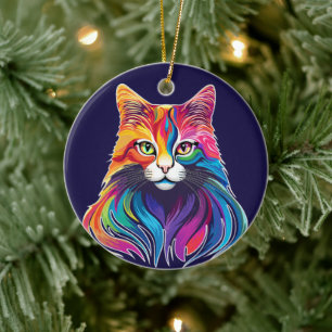 Cat Maine Coon Portrait Rainbow Colours Ceramic Tree Decoration