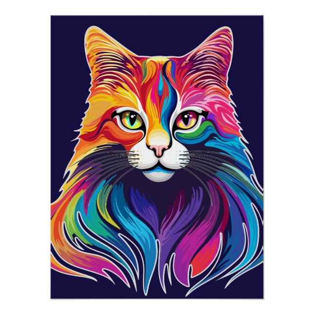 Cat Maine Coon Portrait Rainbow Colours  Poster (Front)