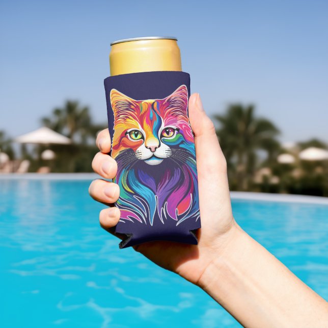 Cat Maine Coon Portrait Rainbow Colours  Seltzer Can Cooler (In Situ Pool)