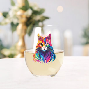 Cat Maine Coon Portrait Rainbow Colours Stemless Wine Glass