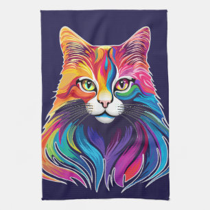 Cat Maine Coon Portrait Rainbow Colours  Tea Towel