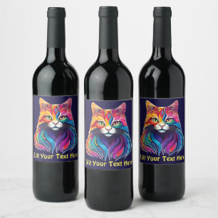 Cat Maine Coon Portrait Rainbow Colours  Wine Label