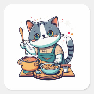 Cat Making Soup  Square Sticker