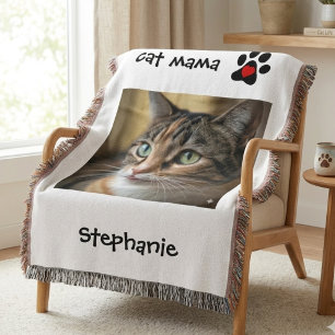 Cat Mama Photo with Heart Paw Print Throw Blanket