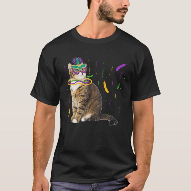 Cat Mardi Gras Funny Cat Lover Mask And Beads Carn T-Shirt (Front)