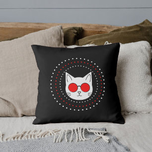 Cat Mascot Sun Glasses Funny Cool Cute Red Black Cushion