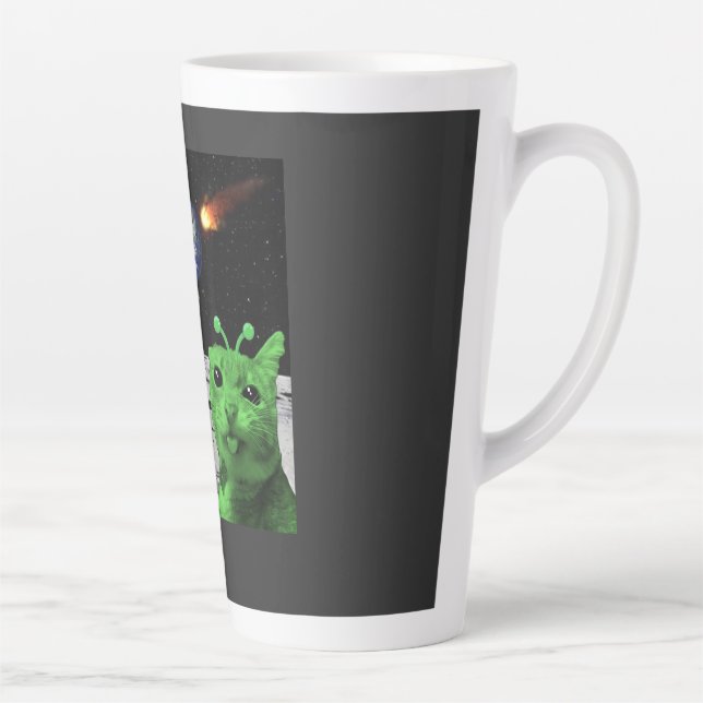 Cat Meme Alien Green Cat Selfie UFO Latte Mug (Right)