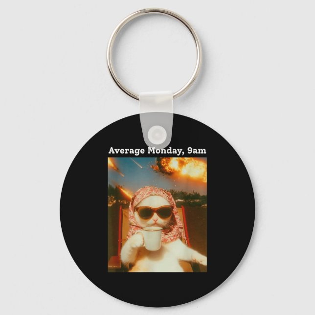 Cat Meme Average Monday 9am Funny Sarcastic Back T Key Ring (Front)