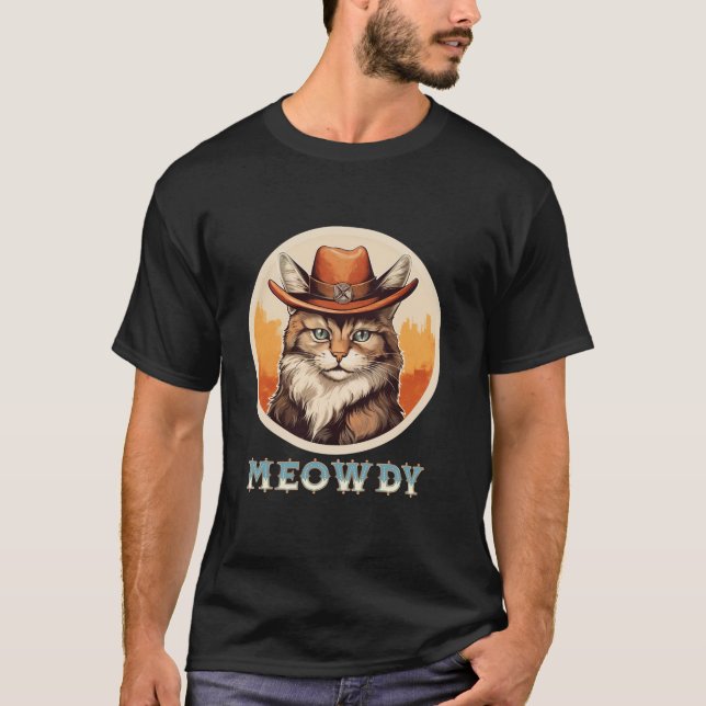 Cat Meme Meowdy Funny Mashup Between Meow Howdy ki T-Shirt (Front)