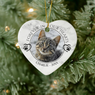 Cat Memorial Forever in Our Hearts Photo Marble Ceramic Tree Decoration