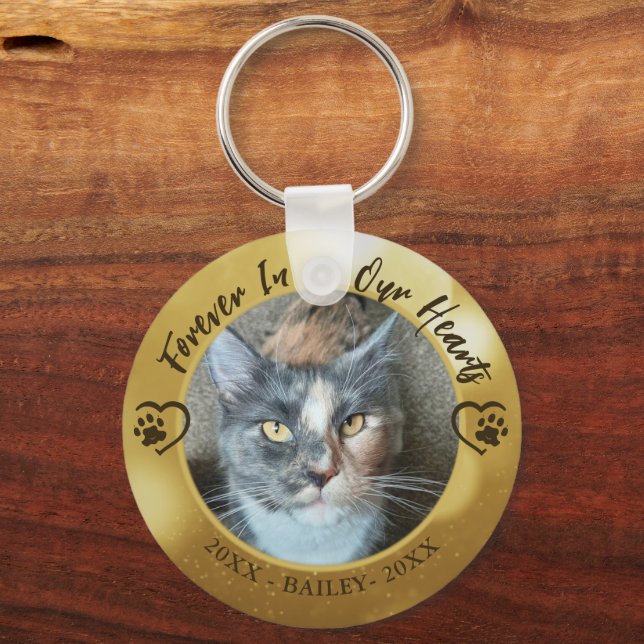 Cat Memorial Forever in Our Hearts Photo Paw Heart Key Ring (Front)