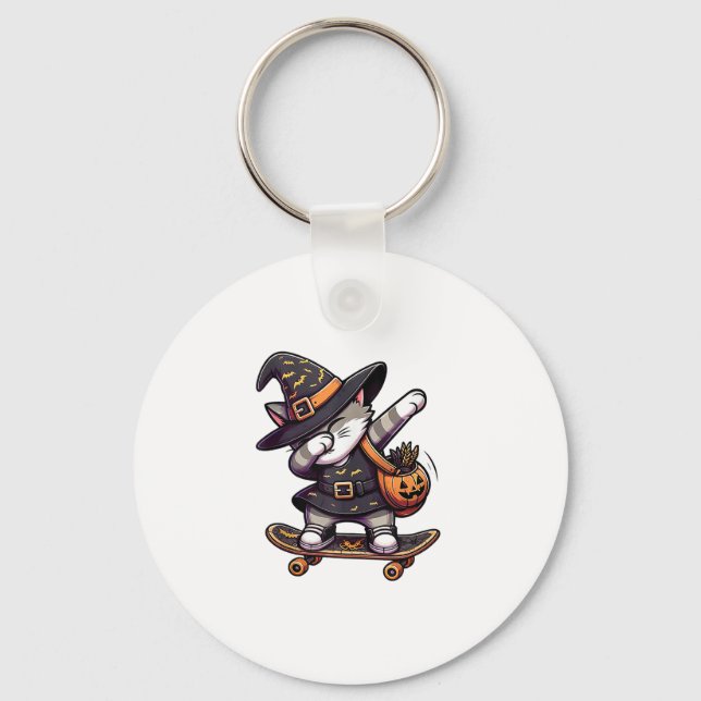 Cat Meow Debbing On Skateboad Apparel Kids Hallowe Key Ring (Front)