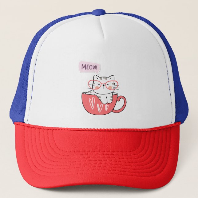 cat meow in a cup  trucker hat (Front)