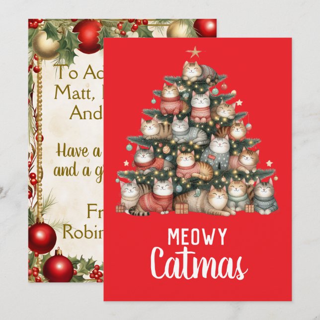 Cat Meowy Catmas Christmas Tree Holiday Card (Front/Back)