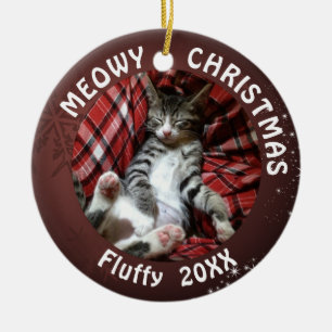 Cat Meowy Christmas 2 Photo Burgundy Ceramic Tree Decoration