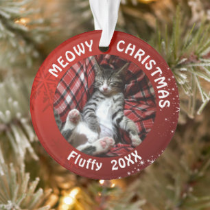 Cat MEOWY CHRISTMAS 2 Photo Name Year Red Ornament