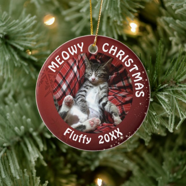 Cat MEOWY CHRISTMAS 2-Photo Red Ceramic Tree Decoration (Tree)
