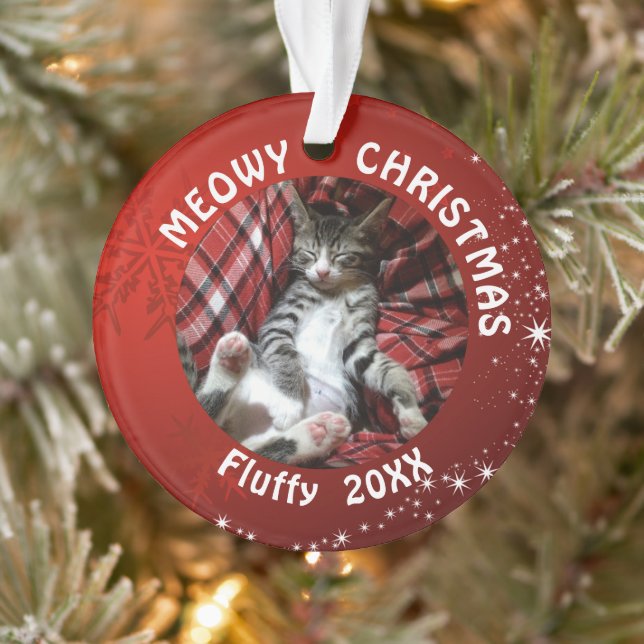 Cat MEOWY CHRISTMAS 2 Photo Red Ornament (Tree)
