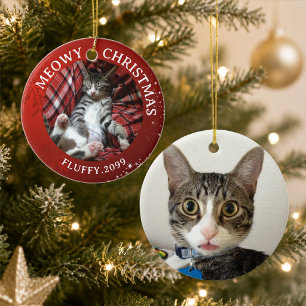 Cat Meowy Christmas 2 Photos Red Ceramic Tree Decoration
