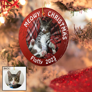 Cat "Meowy Christmas" 2-Sided 2-Photo Red Ceramic Tree Decoration