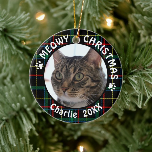 Cat MEOWY CHRISTMAS 2-Sided Christmas Plaid Ceramic Tree Decoration (Tree)