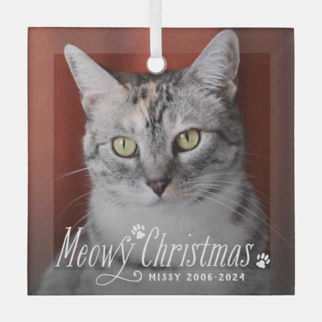 Cat Meowy Christmas Pet Memorial Photo Glass Tree Decoration (Front)