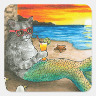 Cat Mermaid 25 Beach Sunset Square Sticker