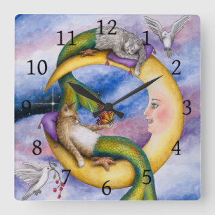 Cat Mermaid 29 Merkitty fantasy Cats on Moon Square Wall Clock