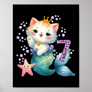 Cat Mermaid 7th Birthday 7 Year Old Party Girls Ou Poster