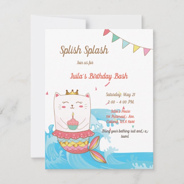 Cat mermaid birthday party invitations (Front)