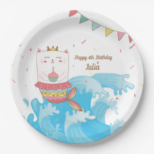 Cat mermaid birthday party plates