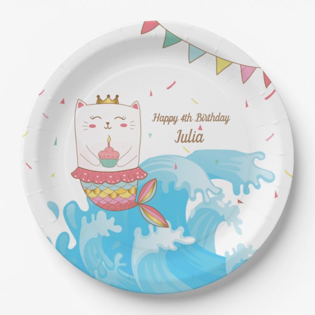 Cat mermaid birthday party plates (Front)
