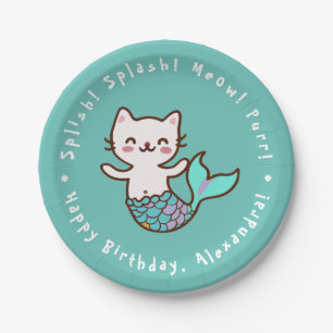 Cat Mermaid Blue Girl Birthday Purrmaid Meowmaid Paper Plate