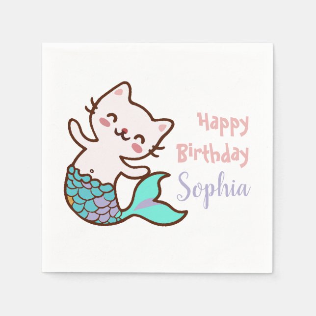 Cat Mermaid Girl Birthday Party  Purrmaid Meowmaid Napkin (Front)