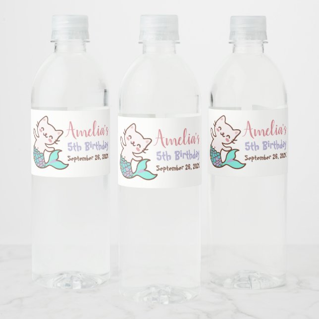 Cat Mermaid Purrmaid Cute Meowmaid Girl Birthday Water Bottle Label (Bottles)