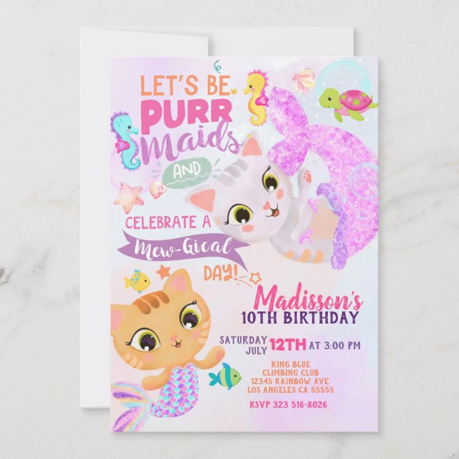 Cat Mermaid Purrmaids Birthday Invitation (Front)