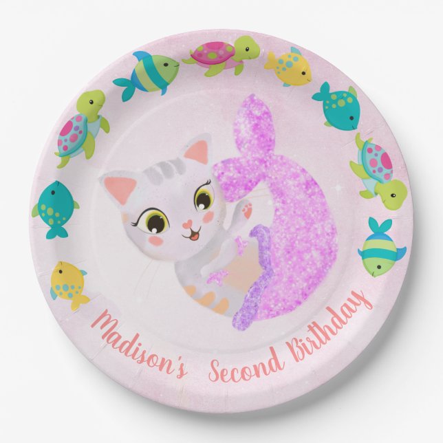 Cat Mermaid Purrmaids Birthday Plate (Front)