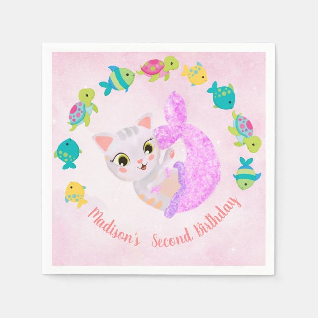 Cat Mermaid Purrmaids Birthday Plate Napkin (Front)