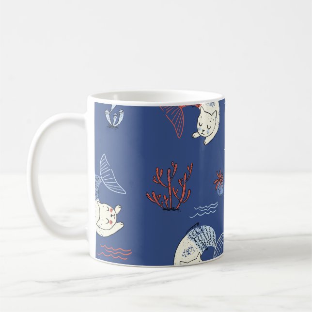 Cat mermaid, textured seamless pattern. coffee mug (Left)