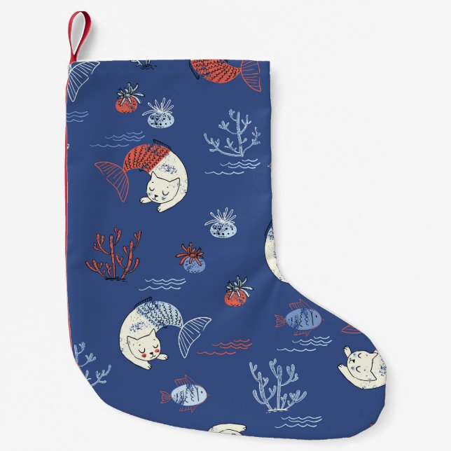 Cat mermaid, textured seamless pattern. small christmas stocking (Front)