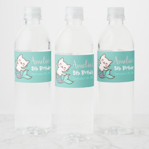 Cat Mermaid Under The Sea Cute Girl Birthday Blue Water Bottle Label