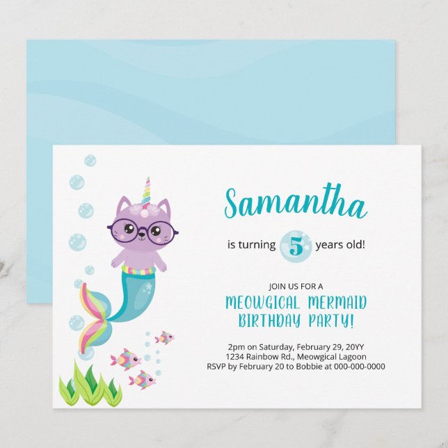 Cat Mermaid Unicorn Under the Sea Birthday Party Invitation (Front/Back)