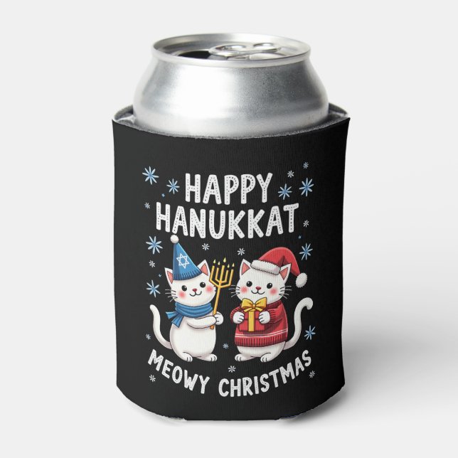 Cat Merry Christmas Happy Hanukkah Jewish Christia Can Cooler (Can Front)