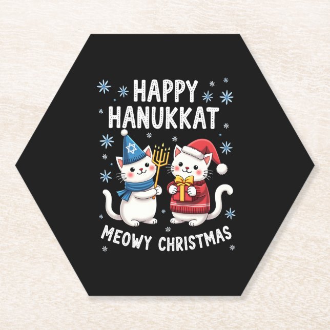 Cat Merry Christmas Happy Hanukkah Jewish Christia Paper Coaster (Front)