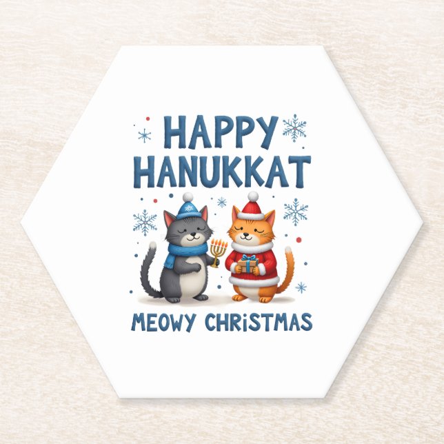 Cat Merry Christmas Happy Hanukkah Jewish Christia Paper Coaster (Front)